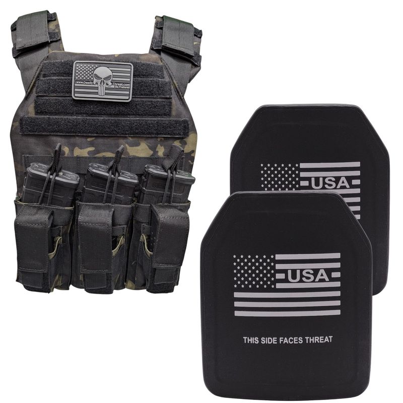 A black ballistic armor plate with a white American flag design and the text &#39;USA&#39; printed below it. The phrase &#39;THIS SIDE FACES THREAT&#39; is clearly marked at the bottom, indicating the proper orientation for use. The plate has a sleek, durable design, suitable for high-level protection.