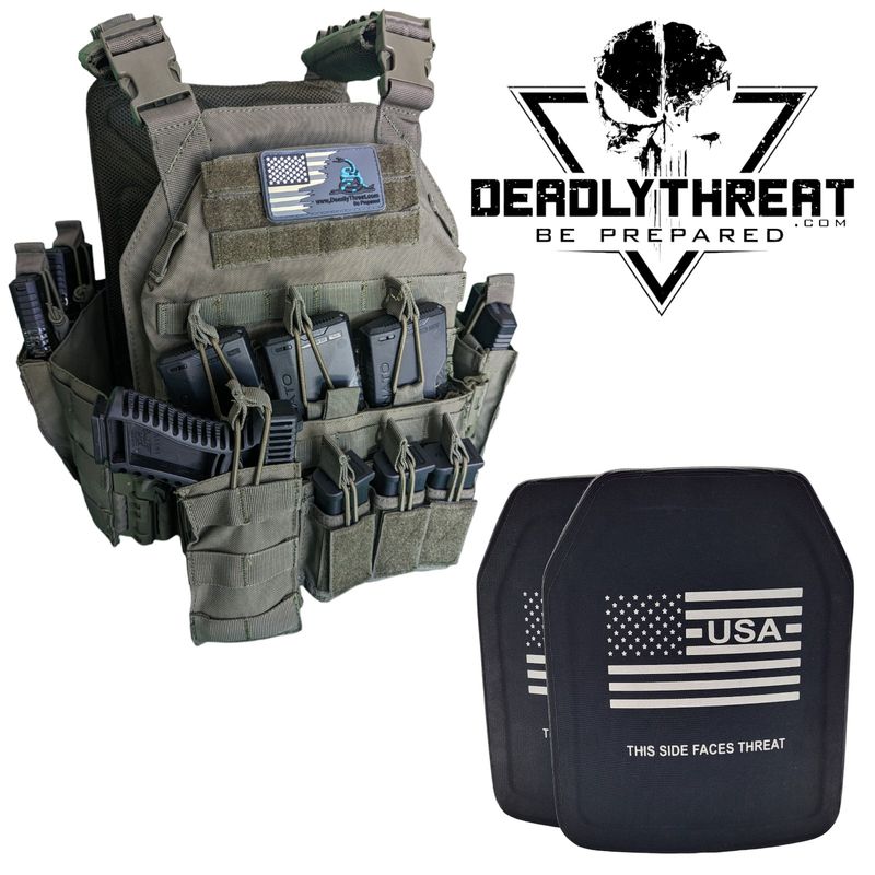 A tactical plate carrier in a distinctive Phantom Sage colorway, paired with Level IV L4 Optimal ballistic plates. The carrier is built for performance, featuring adjustable shoulder and waist straps, MOLLE webbing for customizable loadouts, and a durable yet lightweight design. Ideal for urban and field operations, this setup delivers top-level protection against armor-piercing rounds while supporting tactical flexibility and comfort.