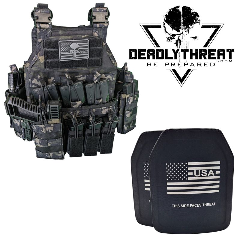 A tactical plate carrier in a sleek Ghost Camo pattern, equipped with Level IV L4 Optimal ballistic plates. The carrier features adjustable straps for a secure fit, MOLLE webbing for modular attachments, and a rugged yet lightweight construction. Designed for tactical and urban operations, this setup provides elite protection against armor-piercing threats while maintaining maximum mobility and versatility.