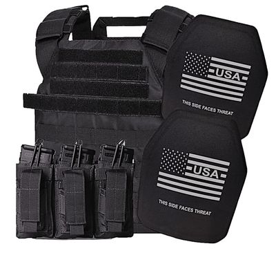 Active Shooter with L4 Ultimate A tactical plate carrier in a solid black design, equipped with Level IV ceramic ballistic plates capable of stopping armor-piercing rifle rounds. The carrier features adjustable shoulder and waist straps for a secure, customized fit, along with MOLLE webbing for modular attachments. Built for high-threat environments, this setup offers maximum protection with a durable yet lightweight construction ideal for rapid deployment and tactical operations.