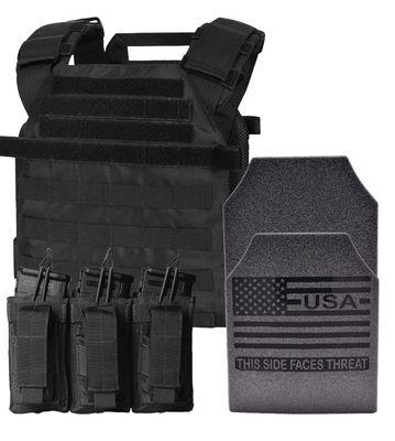 Active Shooter with L3 Fearless A tactical black plate carrier outfitted with Level III ballistic armor plates, designed to stop rifle rounds and provide enhanced protection in active shooter scenarios. The carrier features adjustable shoulder and waist straps for a custom fit, MOLLE webbing for modular attachments, and a durable, streamlined design optimized for mobility and rapid deployment in high-threat environments.