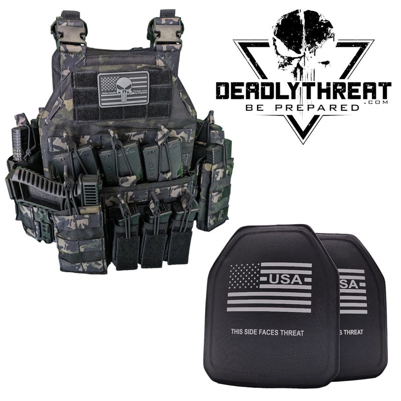 Urban Assault Ghost Camo tactical plate carrier with Level IV Ultimate ballistic armor plates for protection against armor-piercing rifle rounds. Features stealth urban camo design, MOLLE webbing, adjustable shoulder and waist straps, and lightweight, rugged construction. Ideal high-threat body armor for military, law enforcement, and tactical use in urban environments.
