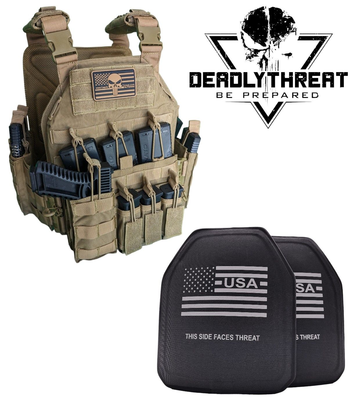 Urban Assault Desert Fox tactical plate carrier with Level IV Ultimate ballistic armor plates for protection against armor-piercing rifle rounds. Features desert camo pattern, MOLLE webbing, adjustable straps, and a lightweight, durable build. Ideal high-threat body armor for military, tactical professionals, and law enforcement in desert and arid environments.