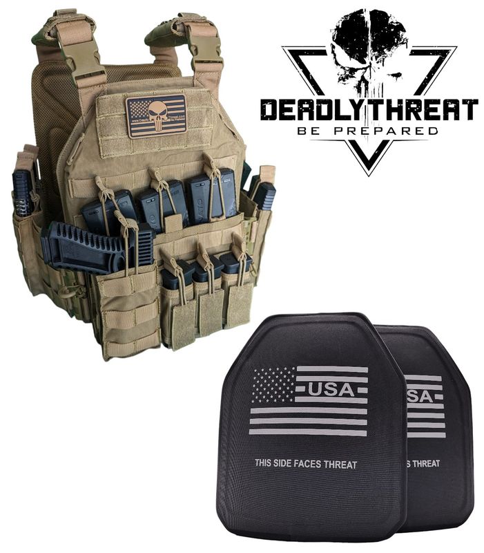 Urban Assault Desert Fox tactical plate carrier with Level IV Ultimate ballistic armor plates for protection against armor-piercing rifle rounds. Features desert camo pattern, MOLLE webbing, adjustable straps, and a lightweight, durable build. Ideal high-threat body armor for military, tactical professionals, and law enforcement in desert and arid environments.