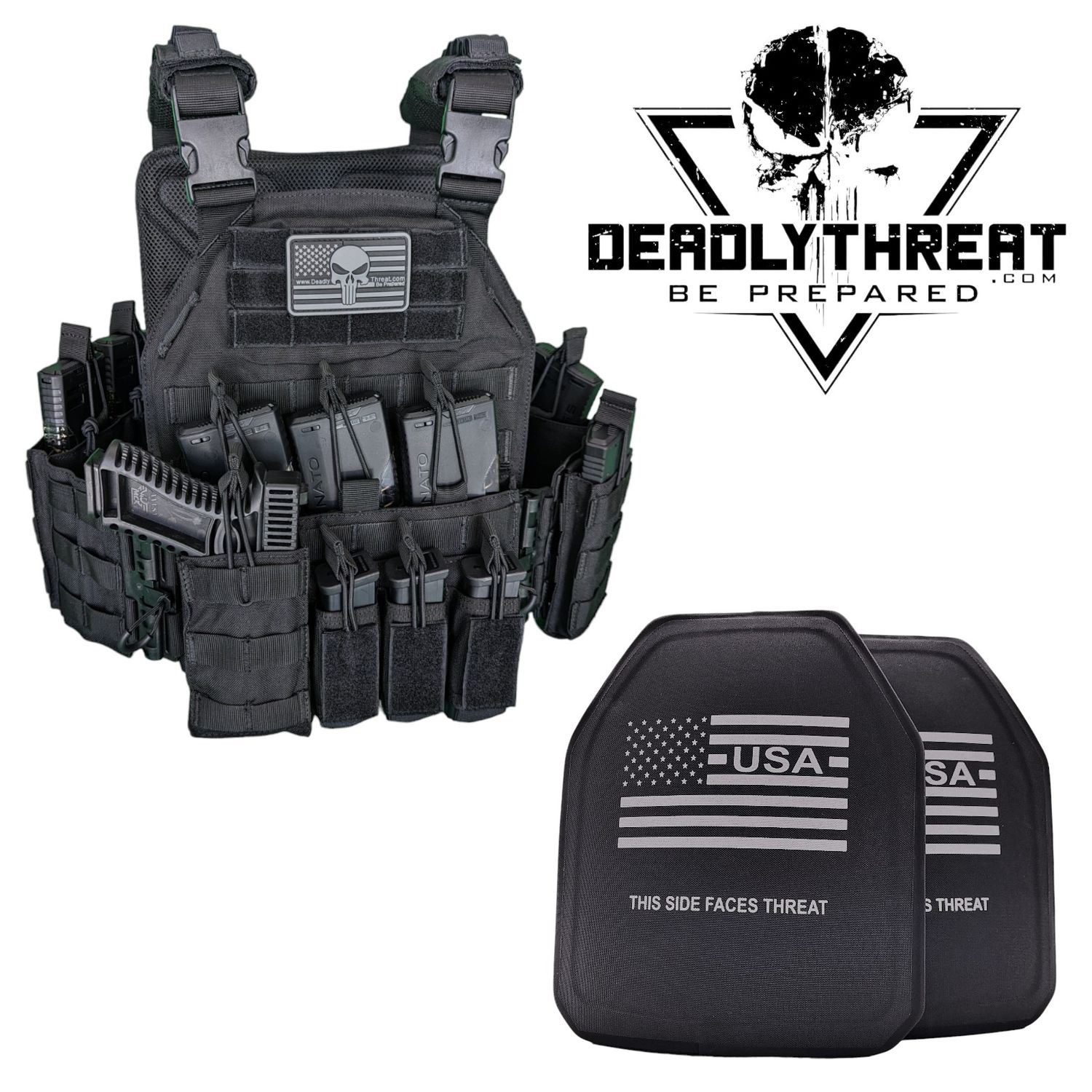 Urban Assault Black Storm tactical plate carrier with Level IV Ultimate armor plates for armor-piercing rifle protection. Features MOLLE webbing, adjustable straps, and durable lightweight construction. Ideal body armor for military, law enforcement, and tactical use in high-threat environments.