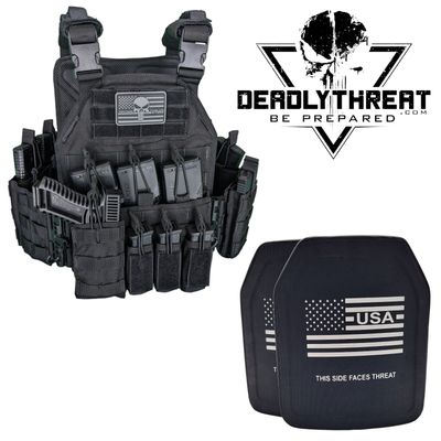 A tactical plate carrier in a bold Black Storm finish, paired with Level III+ special threat ballistic plates designed to stop high-velocity rifle rounds and advanced ballistic threats. The carrier features adjustable shoulder and waist straps for a secure and comfortable fit, MOLLE webbing for attaching tactical gear, and a rugged, low-profile construction. Built for high-threat environments, this setup offers enhanced protection and mission-ready versatility for law enforcement, military, and tactical professionals.