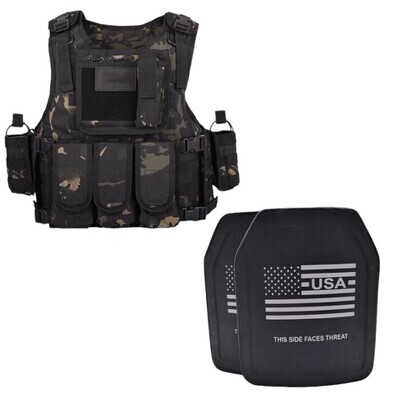 A tactical plate carrier in a modern Ghost Camo pattern, paired with Level III+ special threat ballistic armor plates for enhanced rifle protection. The carrier features adjustable shoulder and waist straps for a secure, customizable fit, along with MOLLE webbing for attaching tactical gear. Lightweight and rugged, this setup is designed for high-threat operations, offering advanced defense and versatile loadout options.