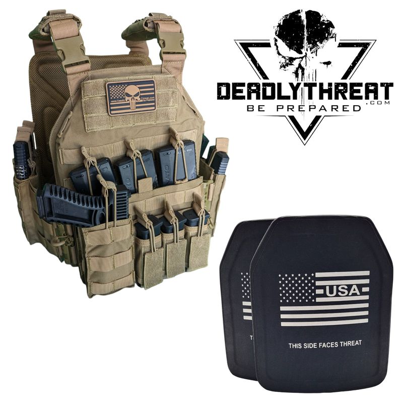 Urban Assault Desert Fox tactical plate carrier with Level III+ special threat ballistic armor plates for protection against high-velocity rifle rounds. Features desert camo design, MOLLE webbing, adjustable shoulder and waist straps, and lightweight, rugged construction. Ideal tactical body armor for military, law enforcement, and security operations in arid and high-risk environments.