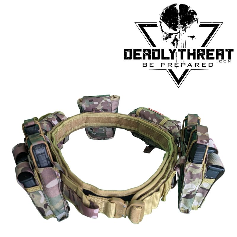 A rugged tactical battle belt in a camouflage pattern, designed for load-bearing performance in tactical and field operations. The belt features a quick-release buckle, reinforced construction, and multiple rows of MOLLE webbing for attaching gear, pouches, and holsters. Built for comfort and durability, this camo belt provides a secure fit and modular functionality for military, law enforcement, and tactical professionals.
