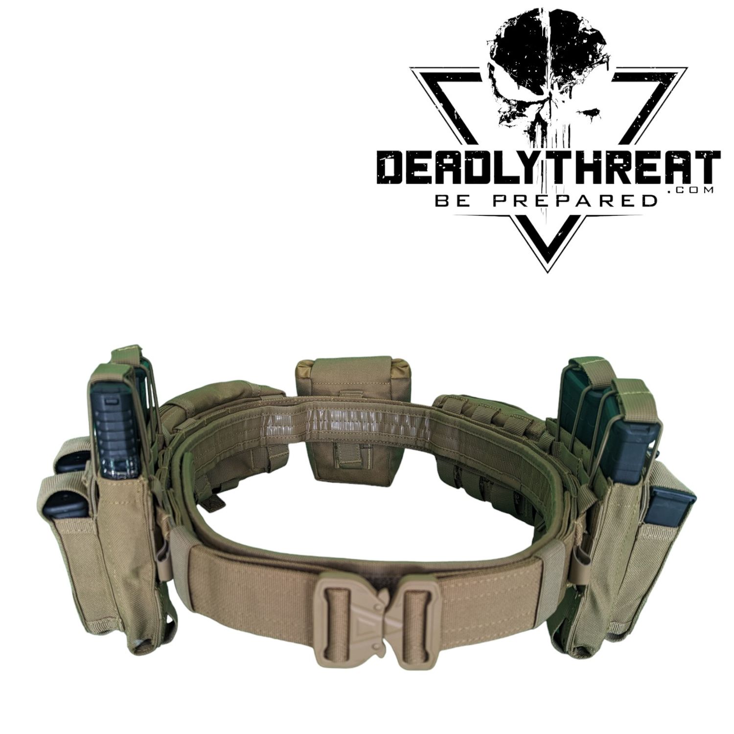 A tactical battle belt in a desert tan color, designed for durability and modular gear setup in field operations. The belt features reinforced stitching, a sturdy quick-release buckle, and multiple rows of MOLLE webbing for attaching holsters, pouches, and other tactical accessories. Built for comfort and performance, it provides a secure fit for military, law enforcement, and tactical use in arid or sandy environments.