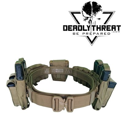 A tactical battle belt in a desert tan color, designed for durability and modular gear setup in field operations. The belt features reinforced stitching, a sturdy quick-release buckle, and multiple rows of MOLLE webbing for attaching holsters, pouches, and other tactical accessories. Built for comfort and performance, it provides a secure fit for military, law enforcement, and tactical use in arid or sandy environments.