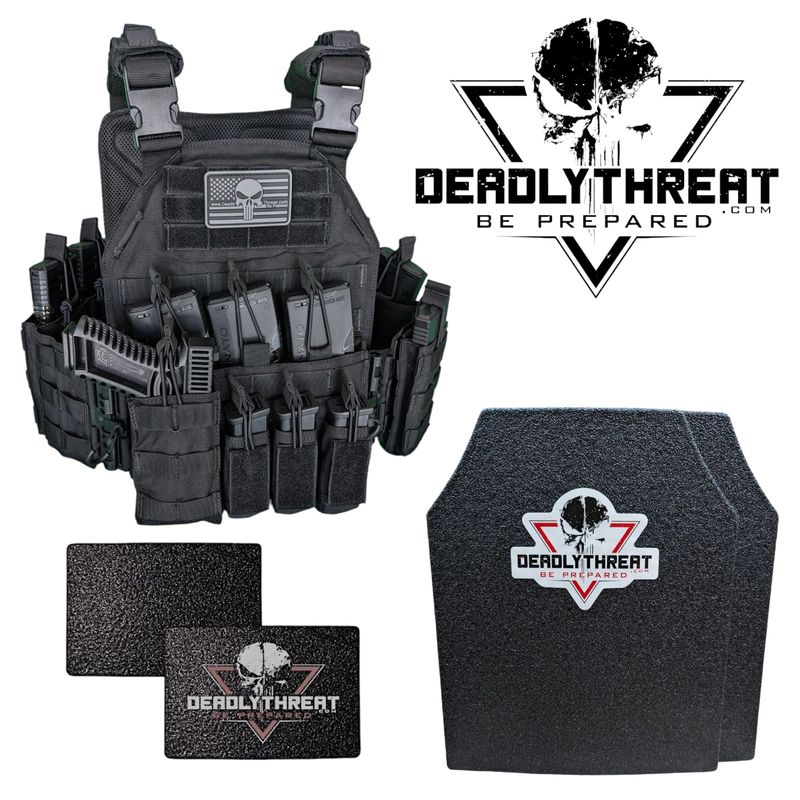 Urban Assault Black Storm tactical plate carrier with Level III L3 Fearless ballistic armor and side plates for full rifle-rated protection. Features adjustable straps, MOLLE webbing, and durable lightweight construction. Ideal body armor setup for military, law enforcement, and tactical operations in high-risk environments.