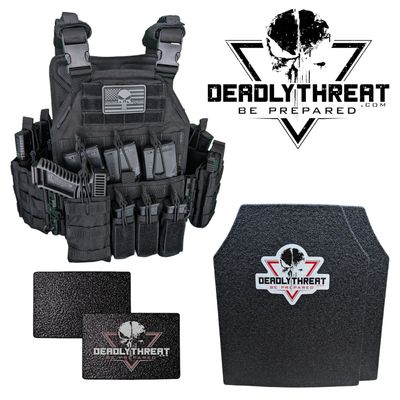 Urban Assault Black Storm tactical plate carrier with Level III L3 Fearless ballistic armor and side plates for full rifle-rated protection. Features adjustable straps, MOLLE webbing, and durable lightweight construction. Ideal body armor setup for military, law enforcement, and tactical operations in high-risk environments.