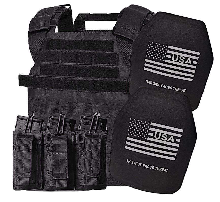 A robust tactical plate carrier built for larger body types, featuring oversized 11x14 Level IV Ultimate ballistic plates designed to stop armor-piercing rifle rounds. The carrier comes in a solid black design with wide adjustable shoulder and waist straps for a secure, comfortable fit. MOLLE webbing allows for full gear customization, while the durable construction ensures maximum protection and mobility in high-threat active shooter scenarios.