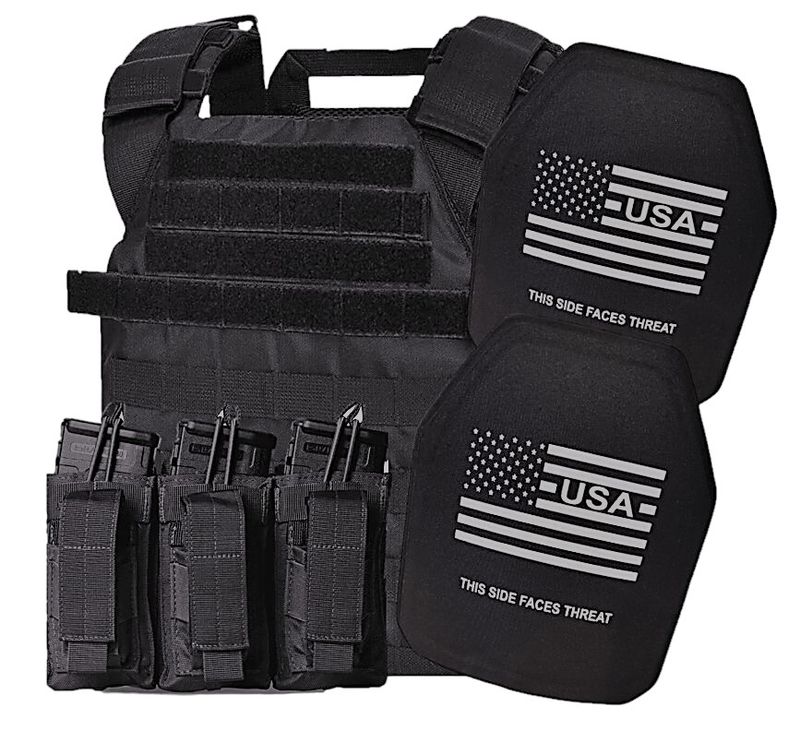 A robust tactical plate carrier built for larger body types, featuring oversized 11x14 Level IV Ultimate ballistic plates designed to stop armor-piercing rifle rounds. The carrier comes in a solid black design with wide adjustable shoulder and waist straps for a secure, comfortable fit. MOLLE webbing allows for full gear customization, while the durable construction ensures maximum protection and mobility in high-threat active shooter scenarios.