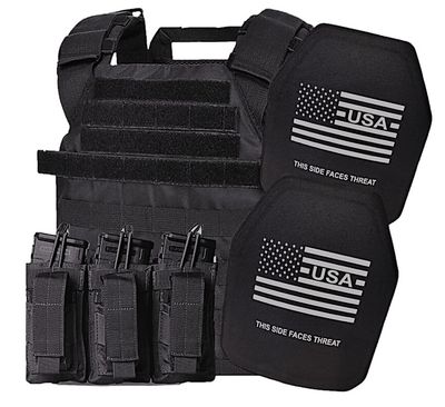A robust tactical plate carrier built for larger body types, featuring oversized 11x14 Level IV Ultimate ballistic plates designed to stop armor-piercing rifle rounds. The carrier comes in a solid black design with wide adjustable shoulder and waist straps for a secure, comfortable fit. MOLLE webbing allows for full gear customization, while the durable construction ensures maximum protection and mobility in high-threat active shooter scenarios.