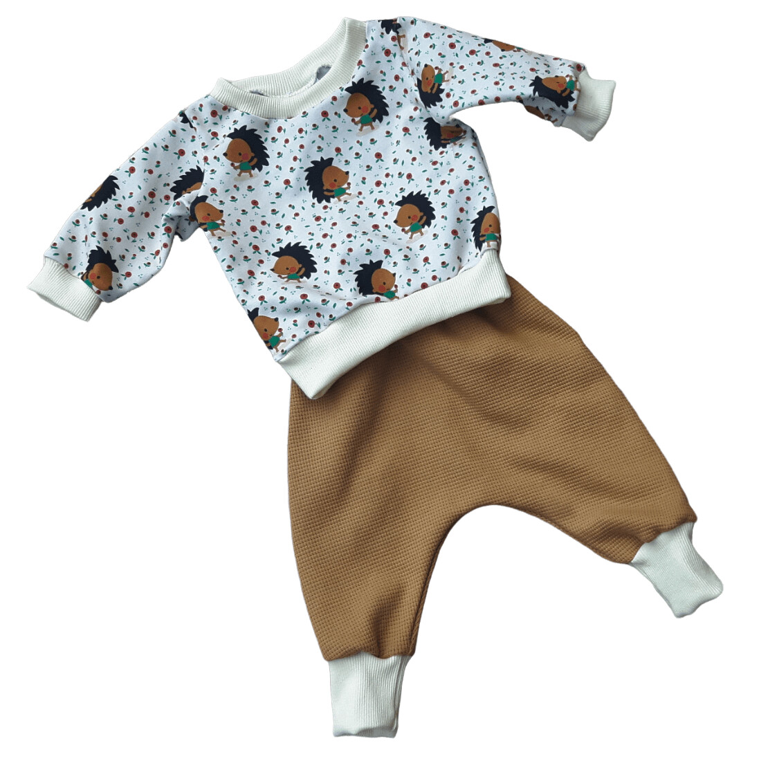 Baby Set | Pumphose & Pullover handgemacht | Größe 62/68 | Igel beige