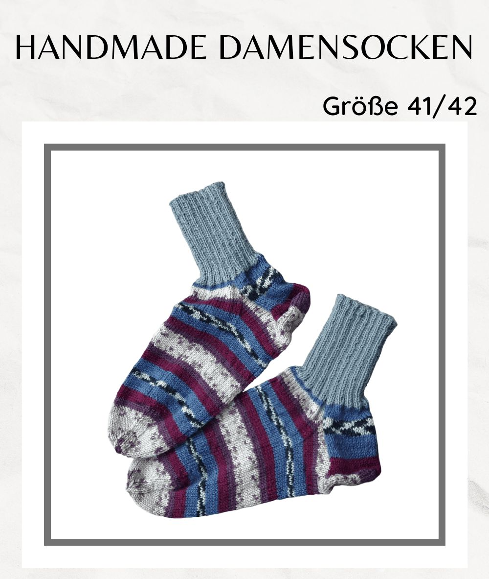 handgestrickte Damensocken bordeaux blau in Gr. 41/42