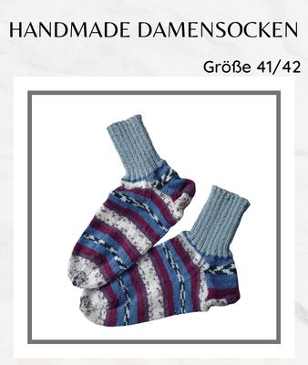 handgestrickte Damensocken bordeaux blau in Gr. 41/42