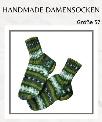 handgestrickte  Damensocken oliv weiss in Gr. 37