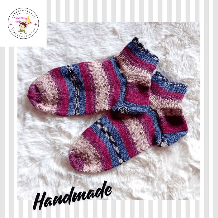 handgestrickte Damensocken  bordeaux blau in Gr. 38