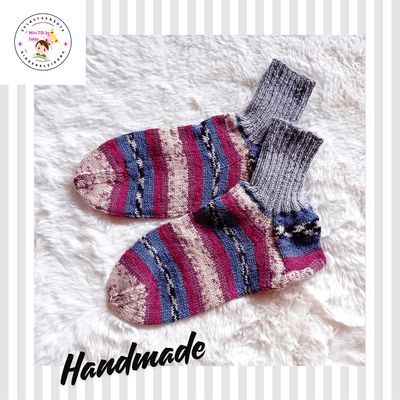 handgestrickte Damensocken bordeaux blau in Gr. 41/42