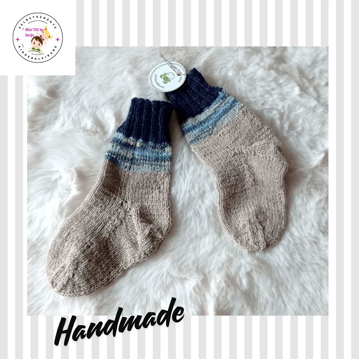 handgestrickte Kindersocken beige blau in Gr. 21/22
