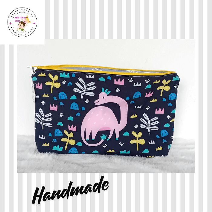 Kosmetiktasche handmade | Dinosaurier schwarz rosa