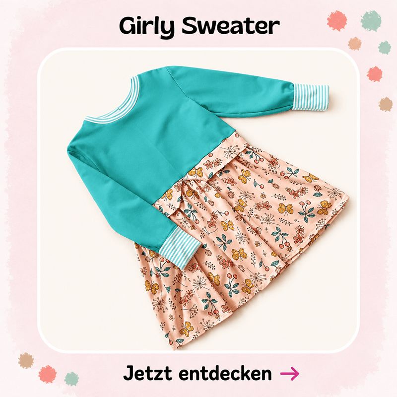 Handgemachter Girly Sweater von Mini Tilli by Sonja - mit Schößchen und herrlich bequem, wunderbar kombinierbar