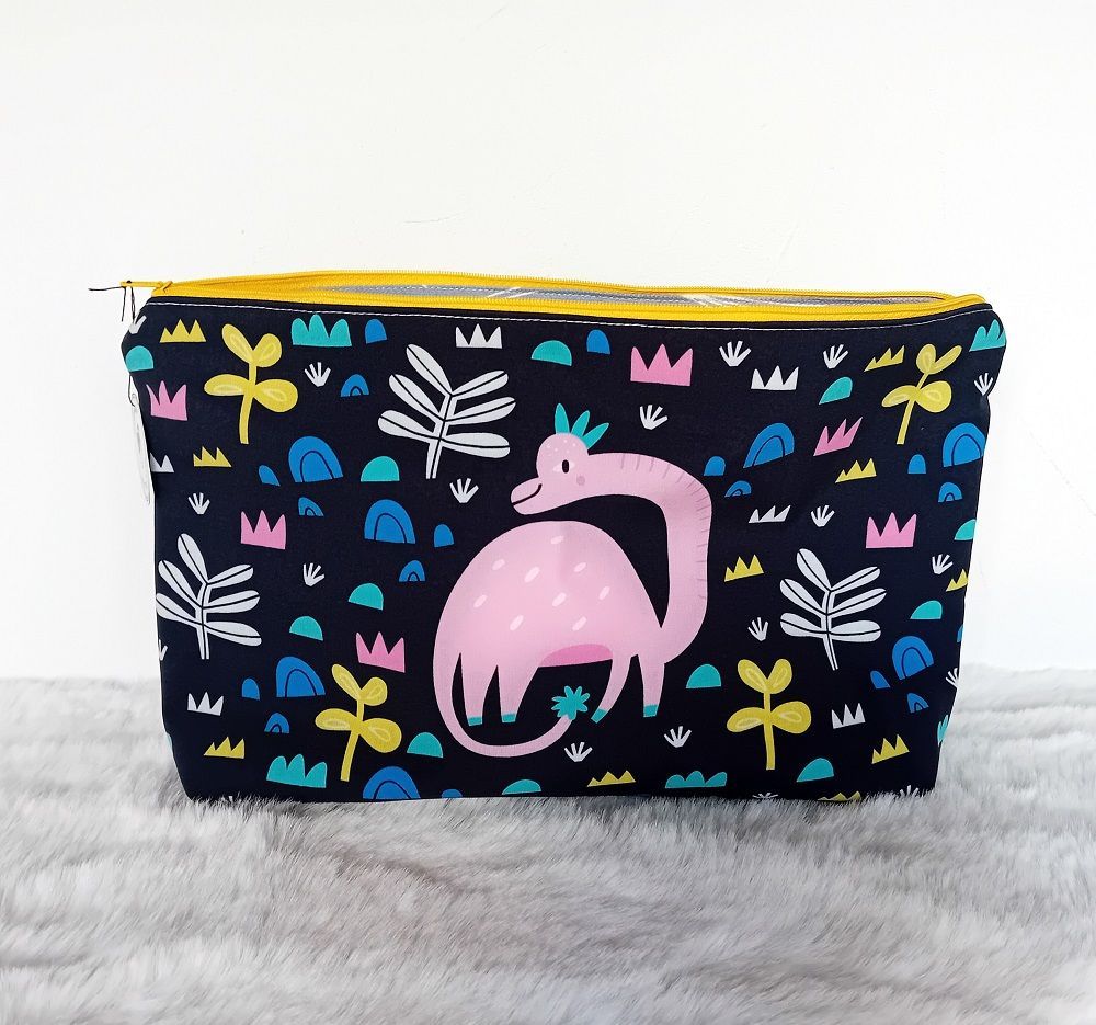Kosmetiktasche handmade | Dinosaurier schwarz rosa