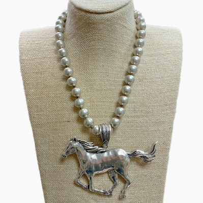 Running Horse Pendant On 12mm Faux Navajo Pearl Necklace