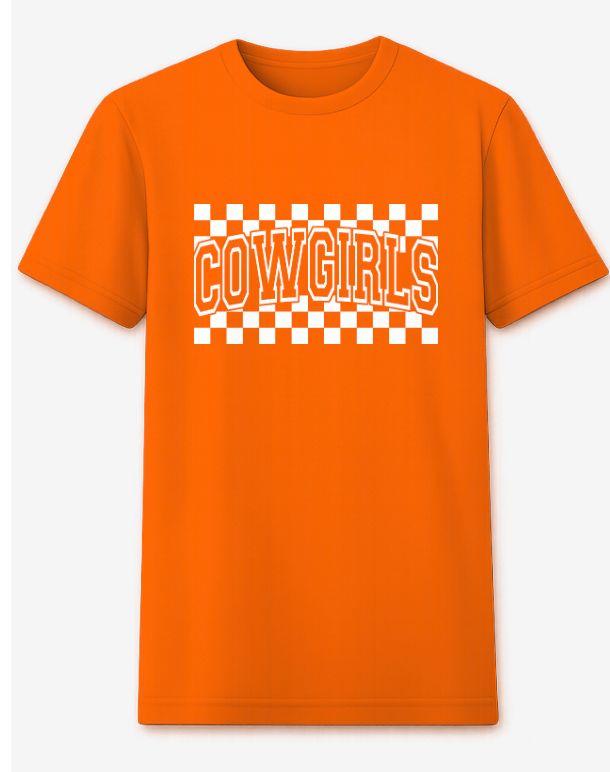 CHECKERED COWGIRLS ORANGE TSHIRT 8000