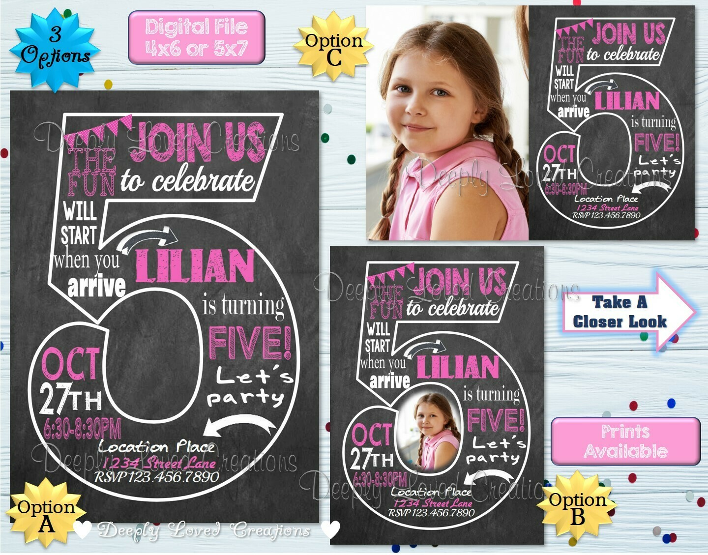 Girl 5th Birthday Invitation*5th Birthday Chalkboard*5th Birthday Theme*Fifth Birthday*5th Chalkboard Birthday*Fifth Birthday Party*5th Birthday Girl*Girls 5th Birthday