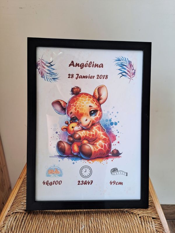 Cadre naissance personnalisée girafe doudou 