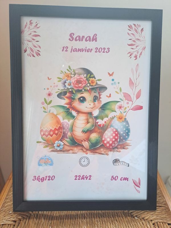 Cadre naissance personnalisée dragon fleur