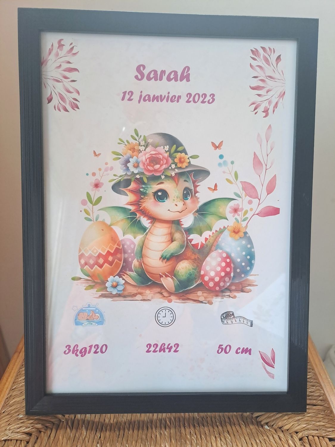 Cadre naissance personnalisée dragon fleur