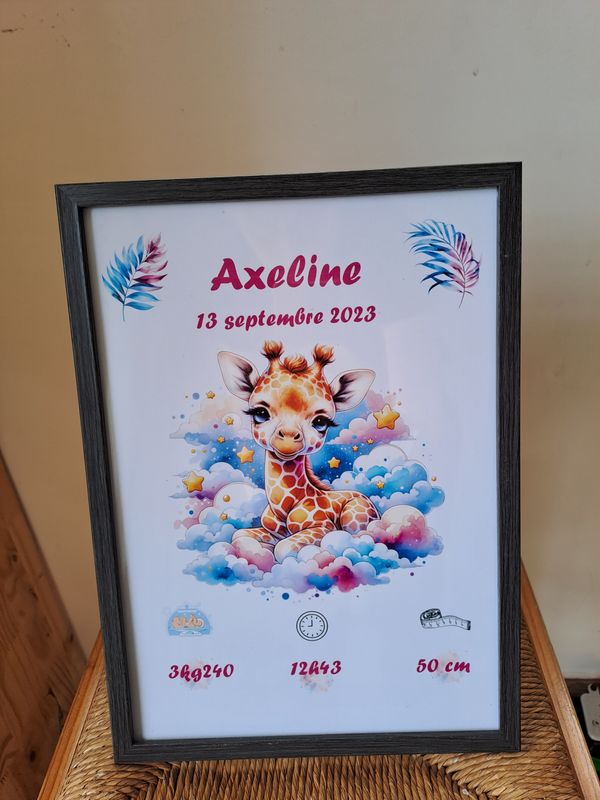 Cadre naissance personnalisée girafe nuage