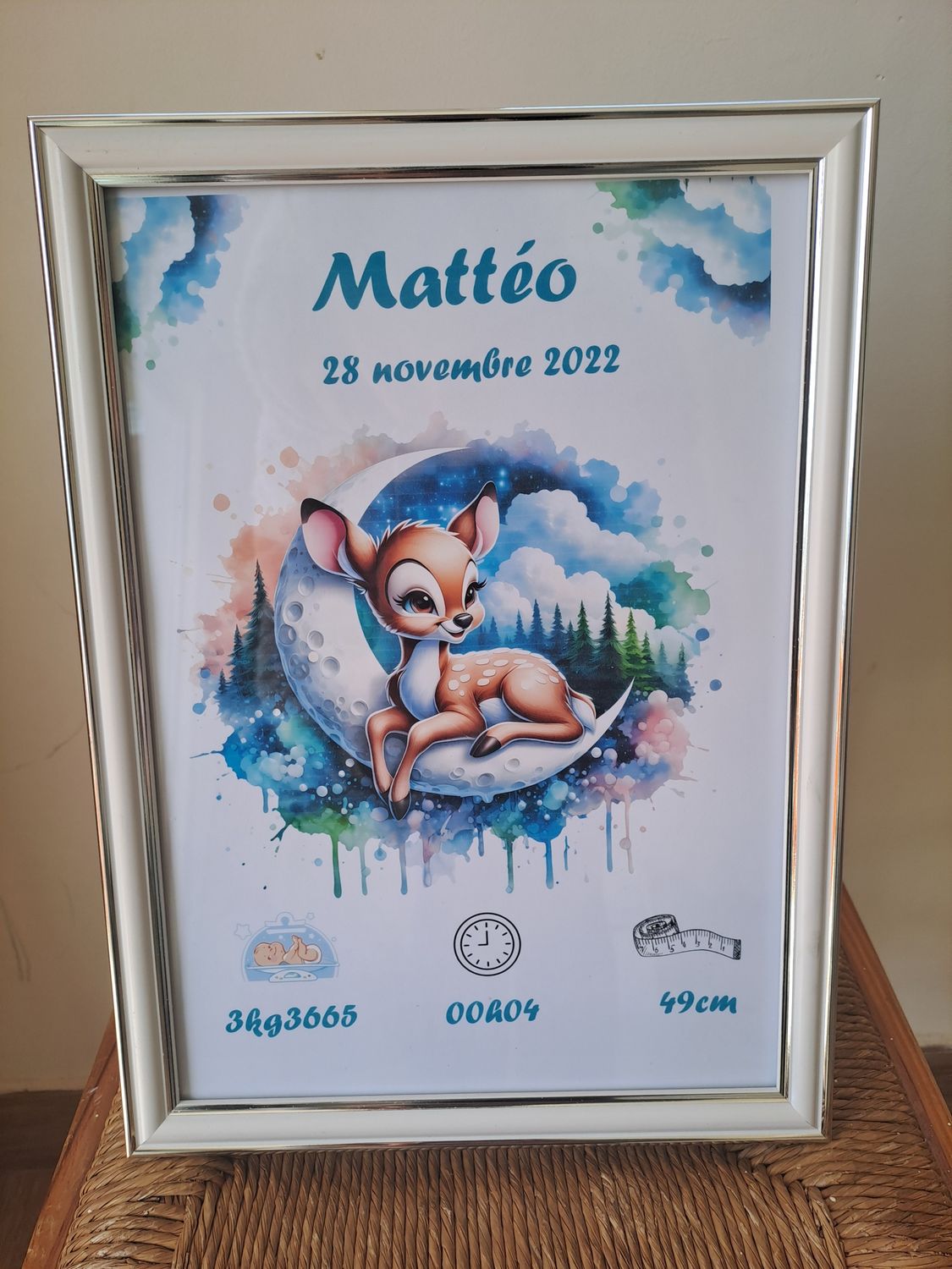 Cadre de naissance personnalisée biche nuage 