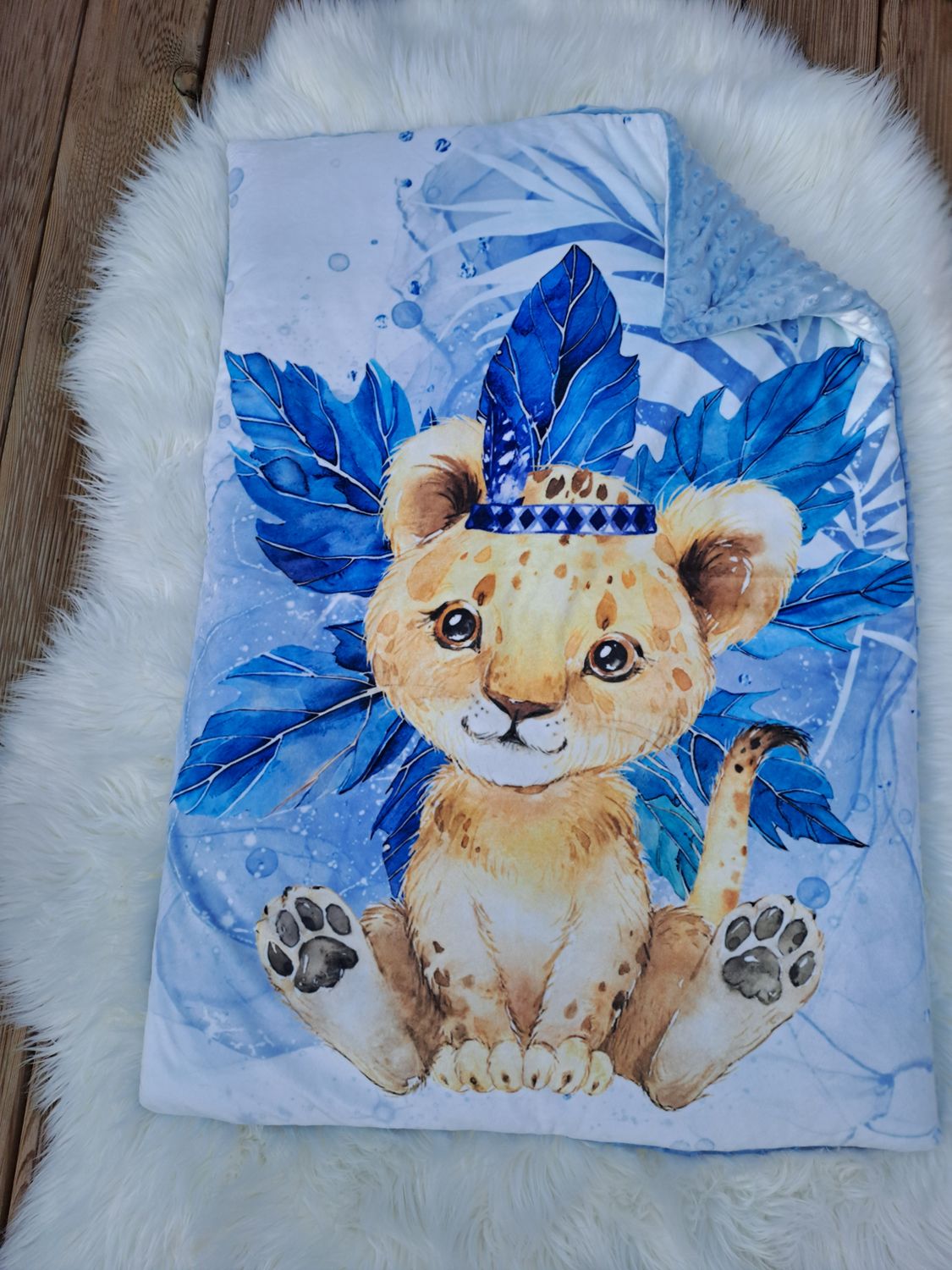 Couverture lion bleu unique enfant