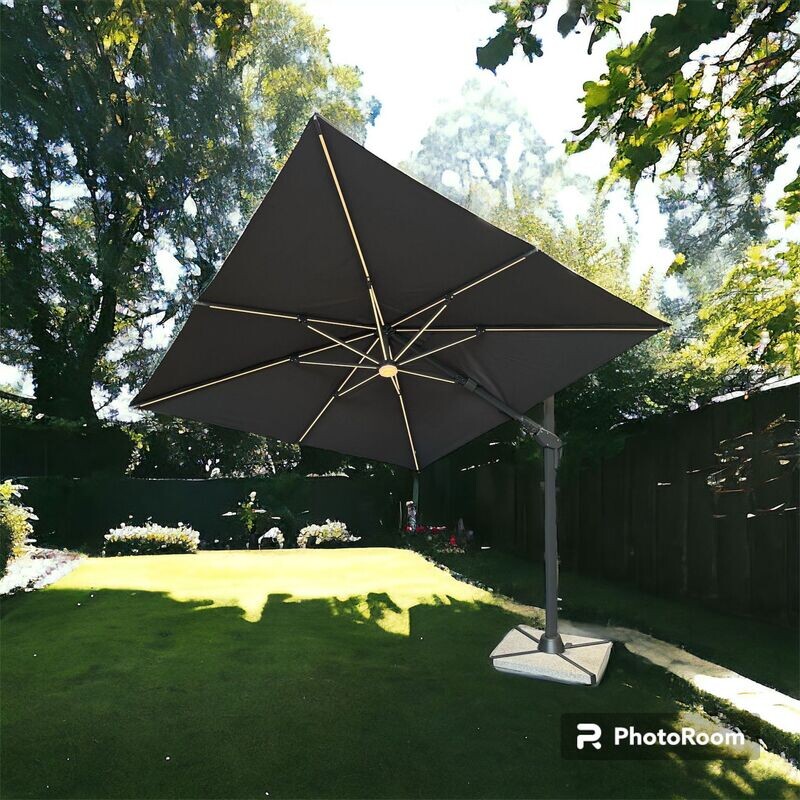 Roma 3m Cantilever Parasol - SQUARE DARK GREY with solar lights, 360 rotation & tilt function and free cover