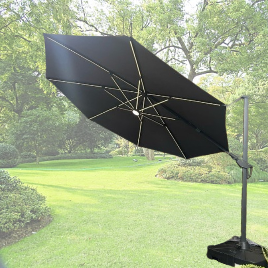 Roma 3.5m Cantilever Parasol - ROUND DARK GREY with solar lights, 360 rotation & tilt function and free cover