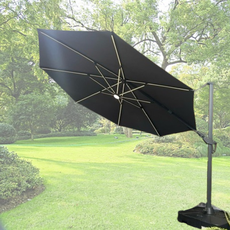 Roma 3.5m Cantilever Parasol - ROUND DARK GREY with solar lights, 360 rotation & tilt function and free cover