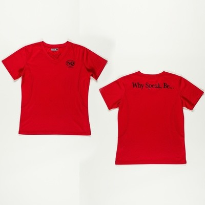 No Quotes Black on Red Female V-Neck (Now Available)
