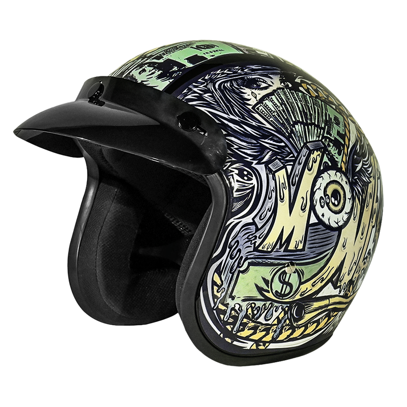 DOT Approved Daytona Cruiser Open Face Motorcycle Helmet - Men, Women & Youth - With Visor & Graphics - W/ Money DOT Approved Daytona Cruiser Open Face Motorcycle Helmet - Men, Women & Youth - With Visor & Graphics - W/ Money