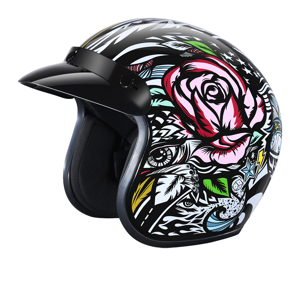 DOT Approved Daytona Cruiser Open Face Motorcycle Helmet - Men, Women & Youth - With Visor & Graphics - W/ Tribal DOT Approved Daytona Cruiser Open Face Motorcycle Helmet - Men, Women & Youth - With Visor & Graphics - W/ Tribal