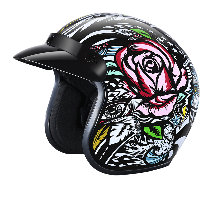 DOT Approved Daytona Cruiser Open Face Motorcycle Helmet - Men, Women & Youth - With Visor & Graphics - W/ Tribal DOT Approved Daytona Cruiser Open Face Motorcycle Helmet - Men, Women & Youth - With Visor & Graphics - W/ Tribal
