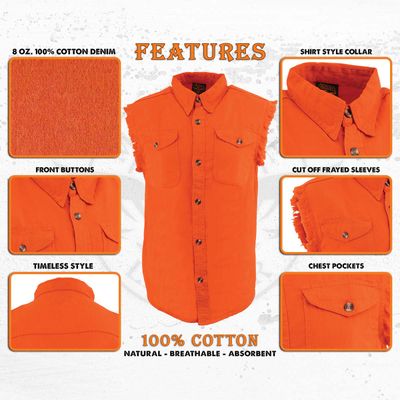 Milwaukee Leather DM1003 Men's Orange Lightweight Denim Shirt with Sleeveless Frayed Cut Off