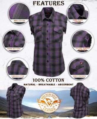 Milwaukee Leather MNG21624 Women's Flannel Black/Purple Button Sleeveless Cut Off Shirt w/ Frill Arms