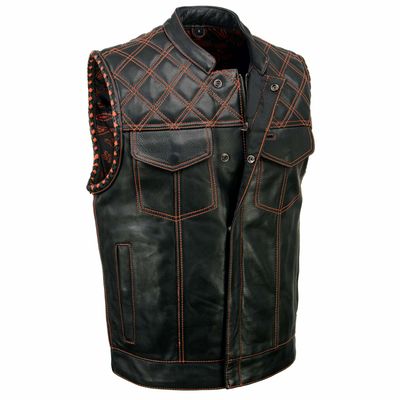Milwaukee Leather MLM3527 Men's Black 'Paisley' Accented w/ Orange Stitching Leather Vest – / Armhole Trim Milwaukee Leather MLM3527 Men's Black 'Paisley' Accented w/ Orange Stitching Leather Vest – / Armhole Trim
