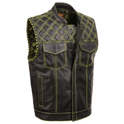 Milwaukee Leather MLM3528 Men's Black 'Paisley' Accented Neon Green Stitching Leather Vest w/Armhole Trim Milwaukee Leather MLM3528 Men's Black 'Paisley' Accented Neon Green Stitching Leather Vest w/Armhole Trim